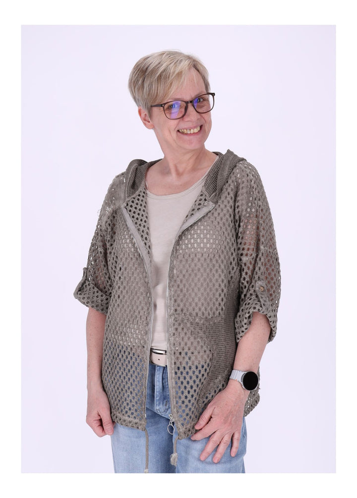 Shirtjacke Lochmuster Kapuze Patches