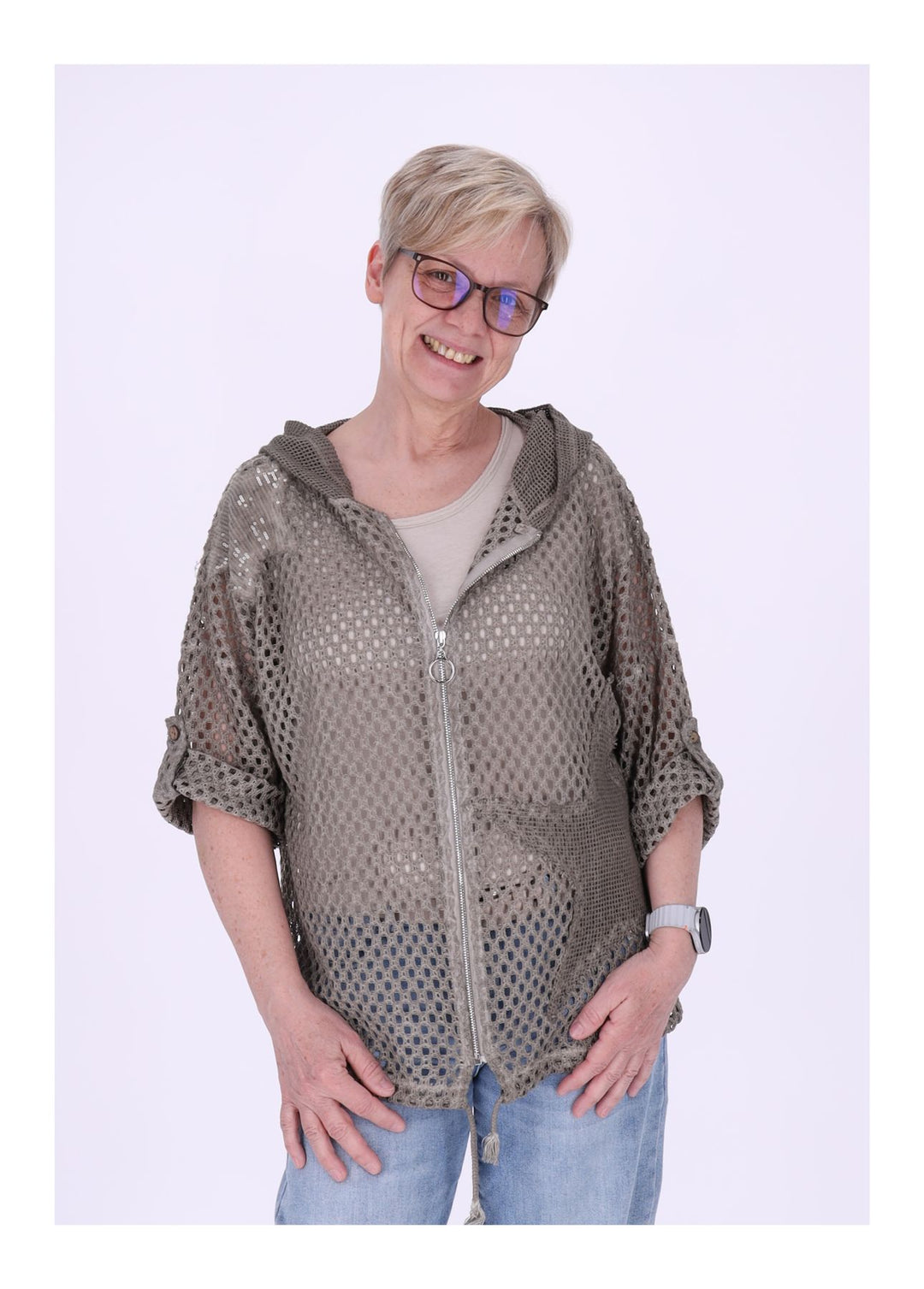 Shirtjacke Lochmuster Kapuze Patches