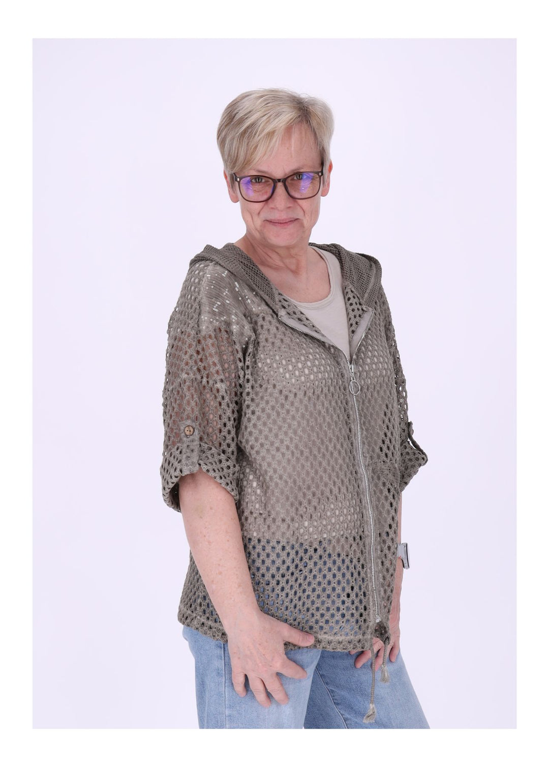 Shirtjacke Lochmuster Kapuze Patches