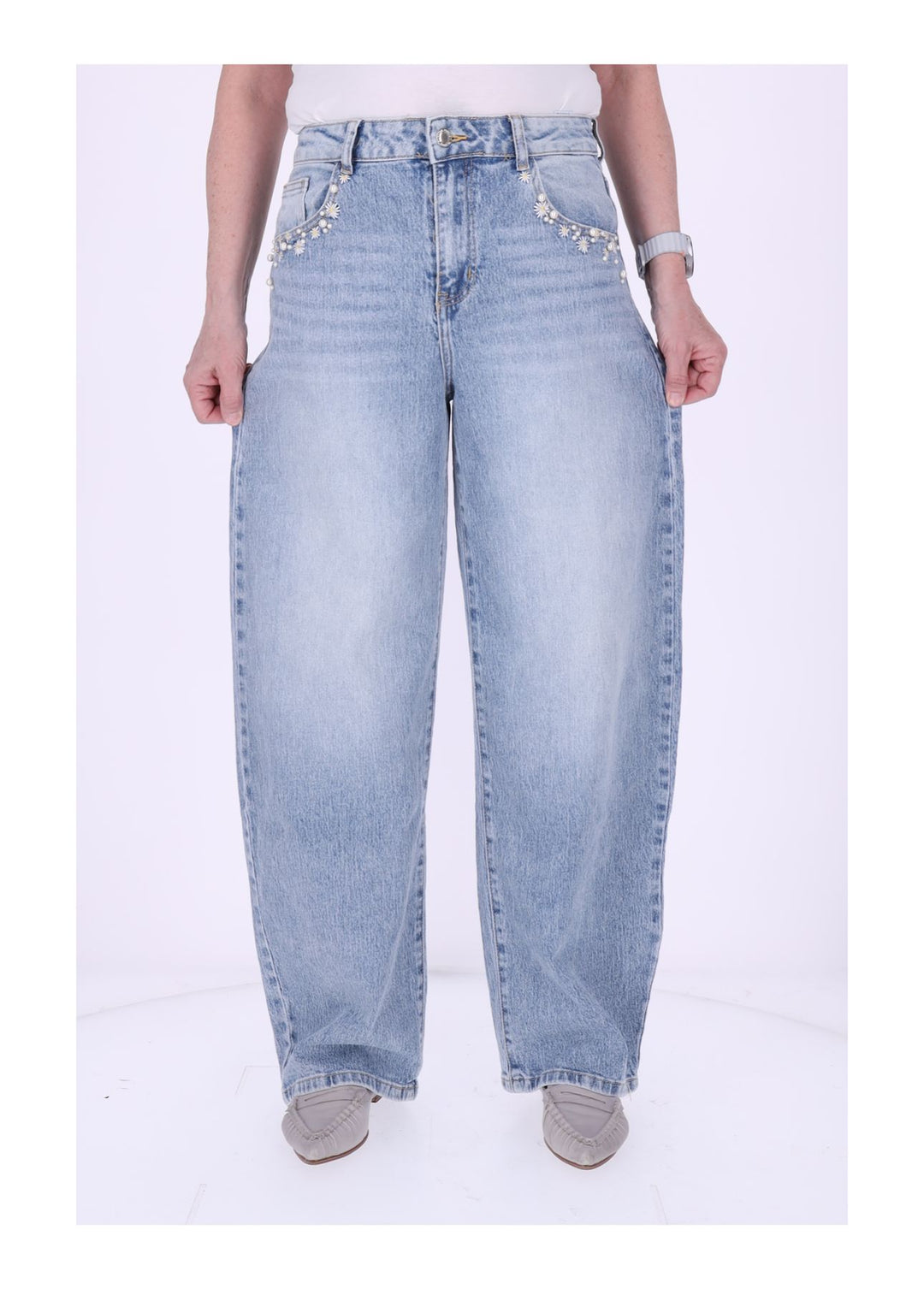 Jeans Damen Blüten Stickerei Perlen