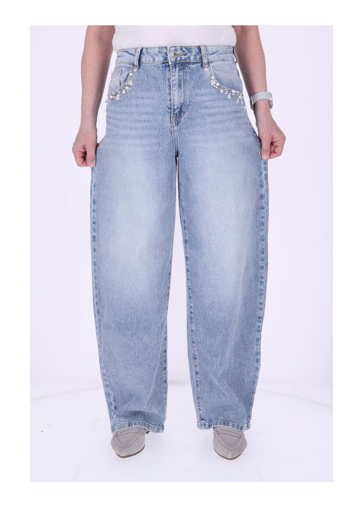 Jeans Damen Blüten Stickerei Perlen