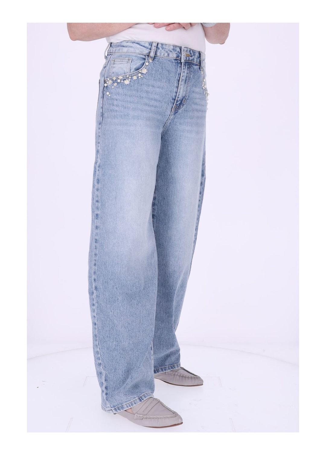 Jeans Damen Blüten Stickerei Perlen