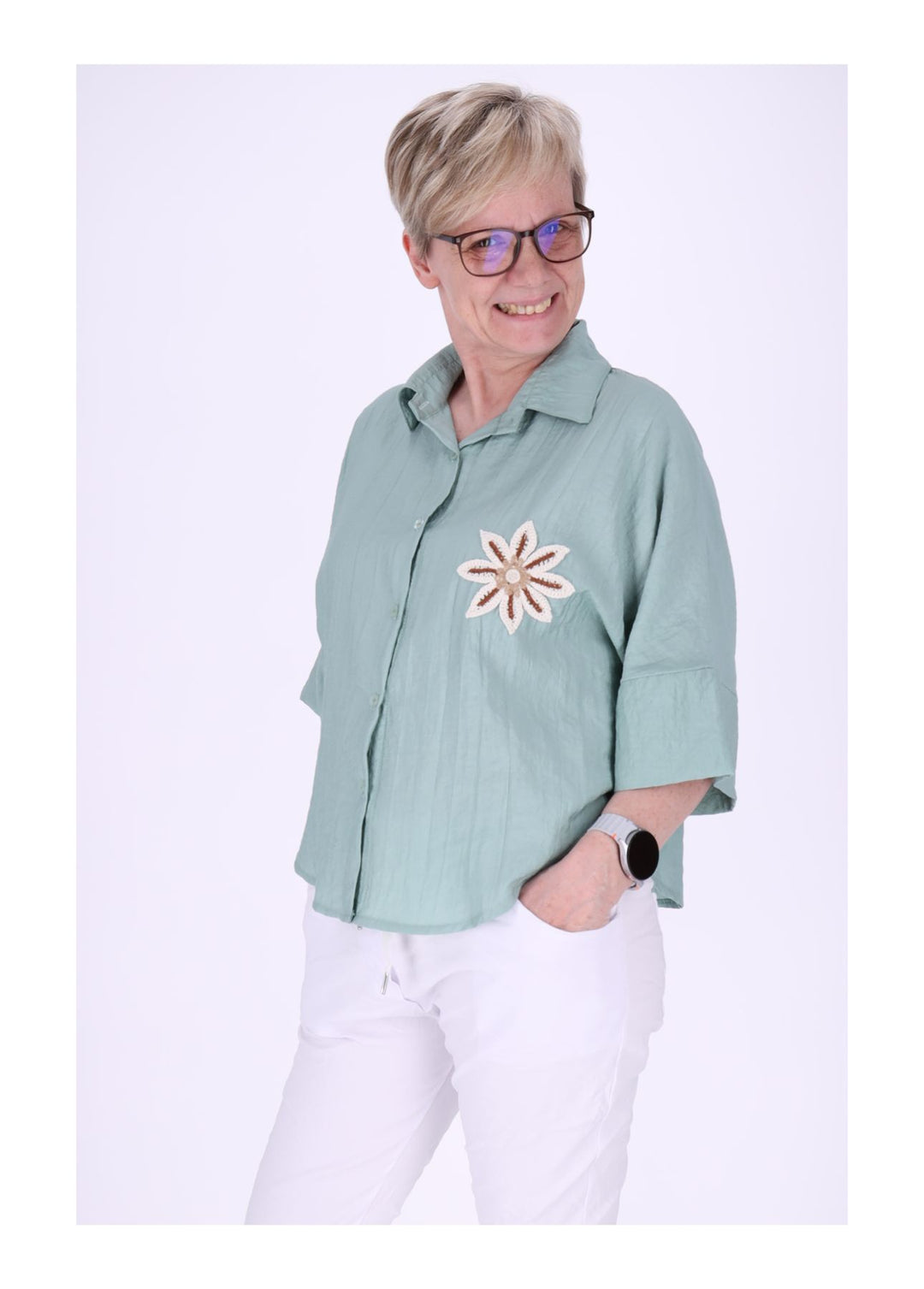 Bluse Damen 1/2 Arm Häkelblume