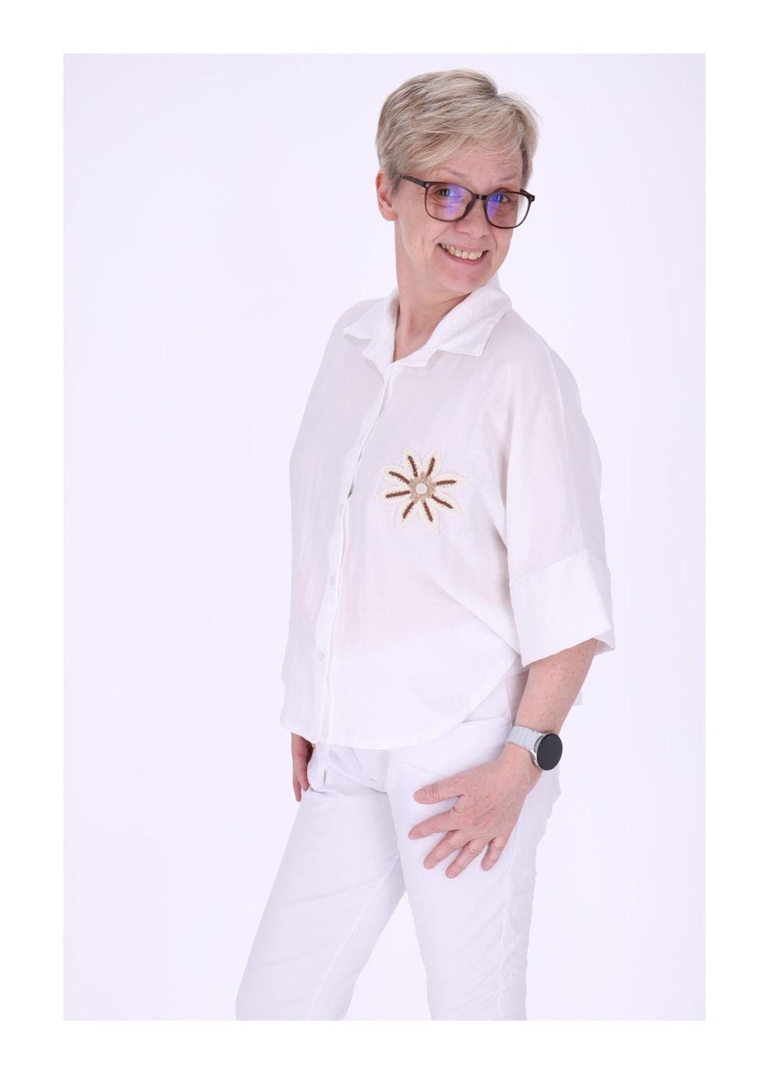 Bluse Damen 1/2 Arm Häkelblume