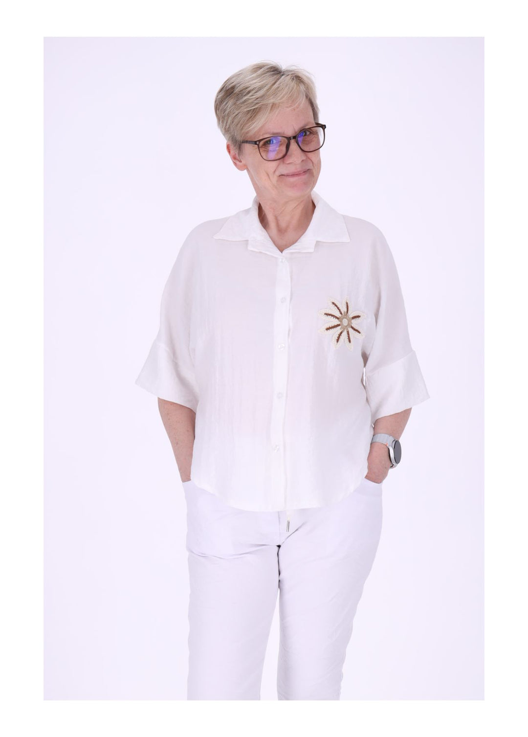 Bluse Damen 1/2 Arm Häkelblume