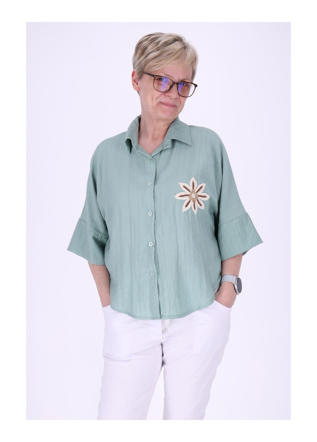 Bluse Damen 1/2 Arm Häkelblume