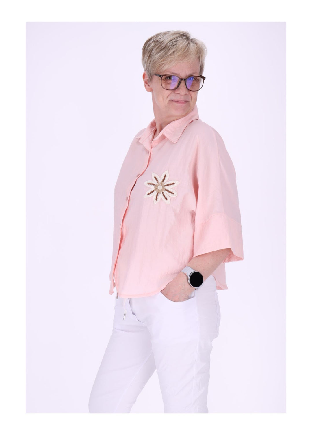 Bluse Damen 1/2 Arm Häkelblume