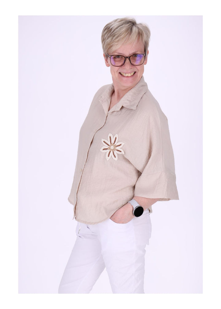 Bluse Damen 1/2 Arm Häkelblume