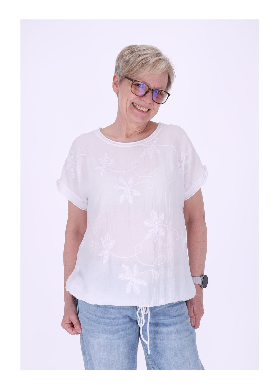 T-Shirt Damen Materialmix vorn Stickerei