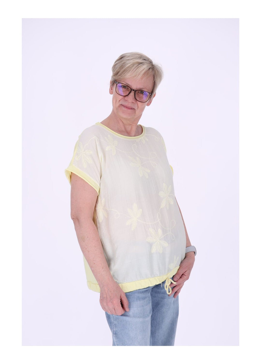 T-Shirt Damen Materialmix vorn Stickerei