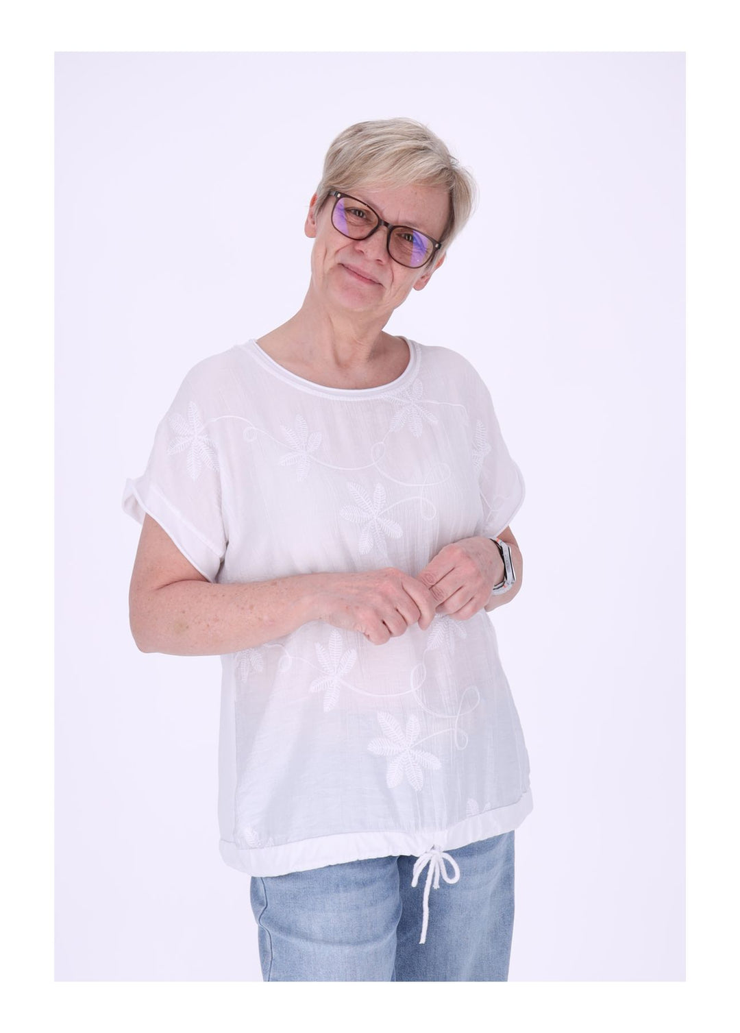 T-Shirt Damen Materialmix vorn Stickerei