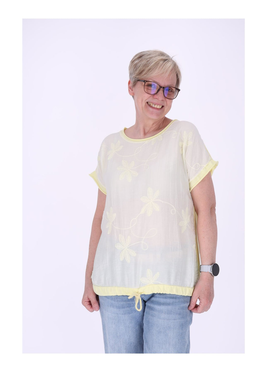 T-Shirt Damen Materialmix vorn Stickerei