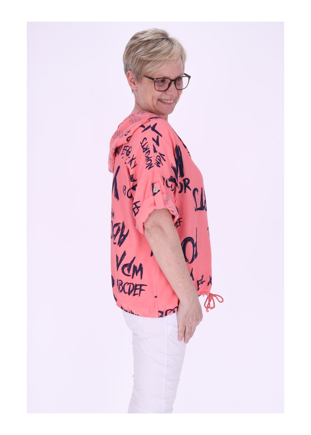 Bluse damen 1/2 Arm Kapuze AOP Schrift