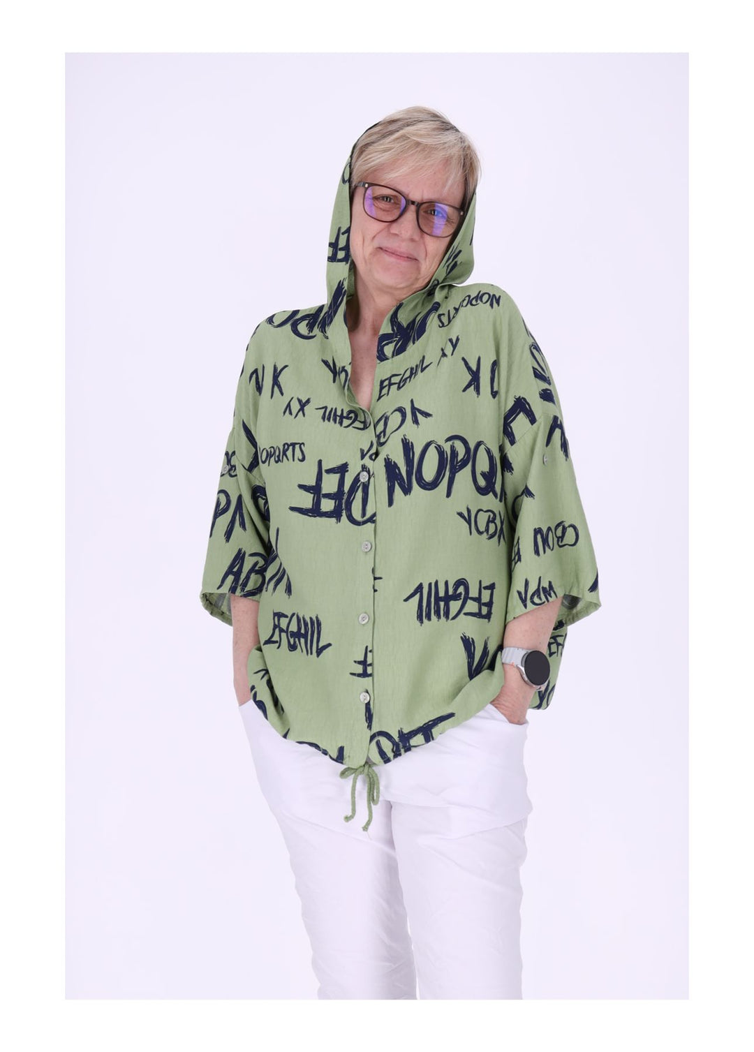 Bluse damen 1/2 Arm Kapuze AOP Schrift