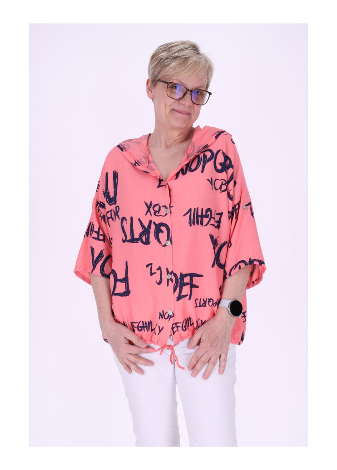 Bluse damen 1/2 Arm Kapuze AOP Schrift