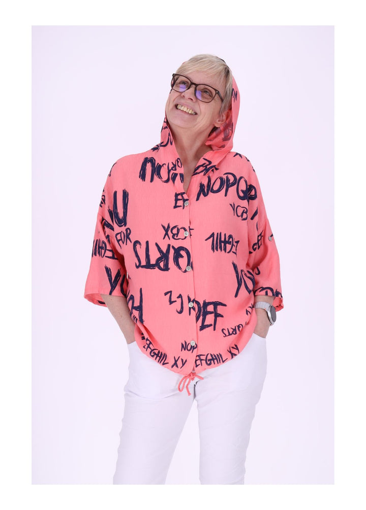Bluse damen 1/2 Arm Kapuze AOP Schrift