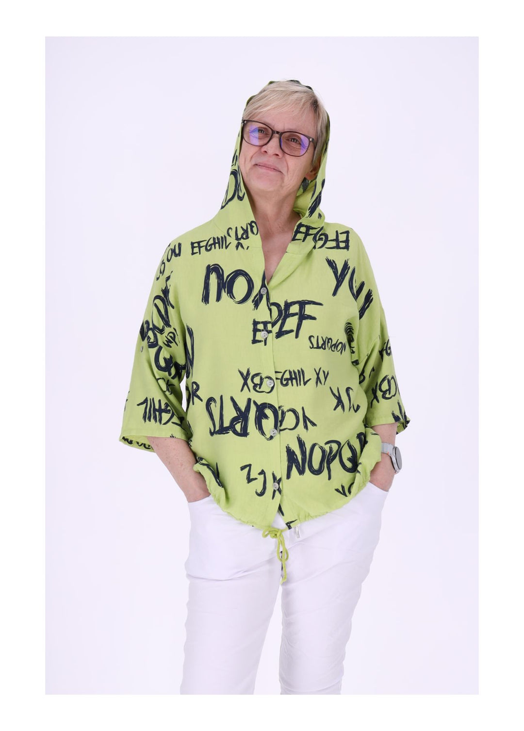 Bluse damen 1/2 Arm Kapuze AOP Schrift