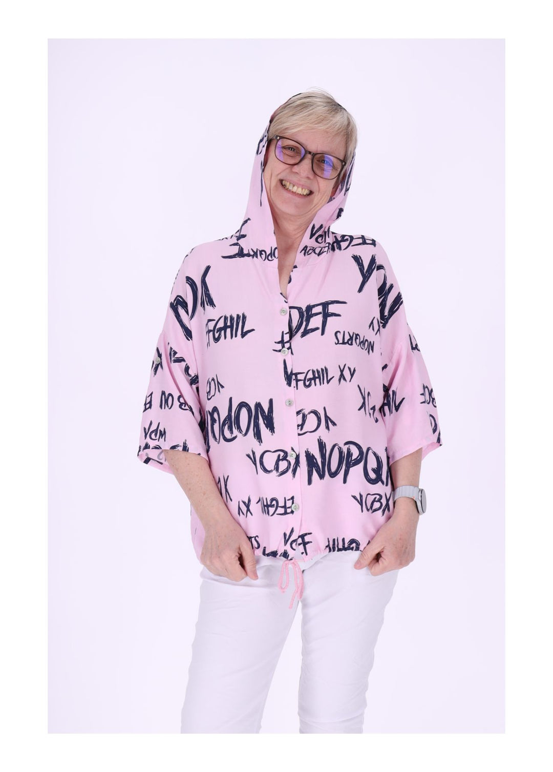 Bluse damen 1/2 Arm Kapuze AOP Schrift