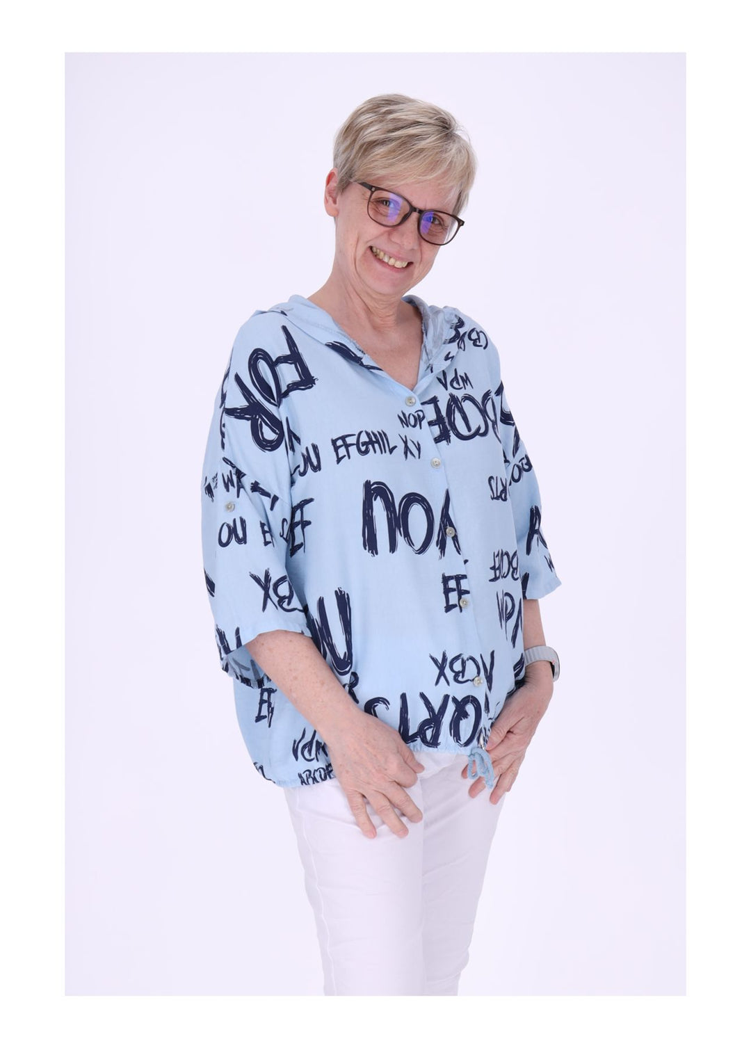 Bluse damen 1/2 Arm Kapuze AOP Schrift