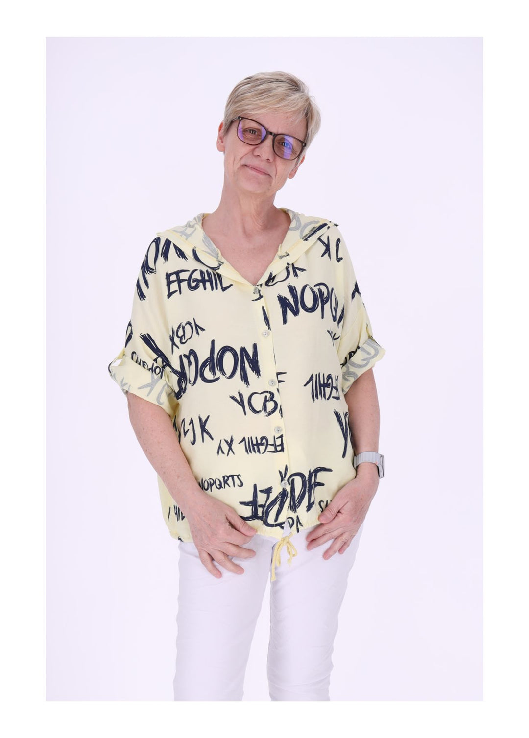Bluse damen 1/2 Arm Kapuze AOP Schrift