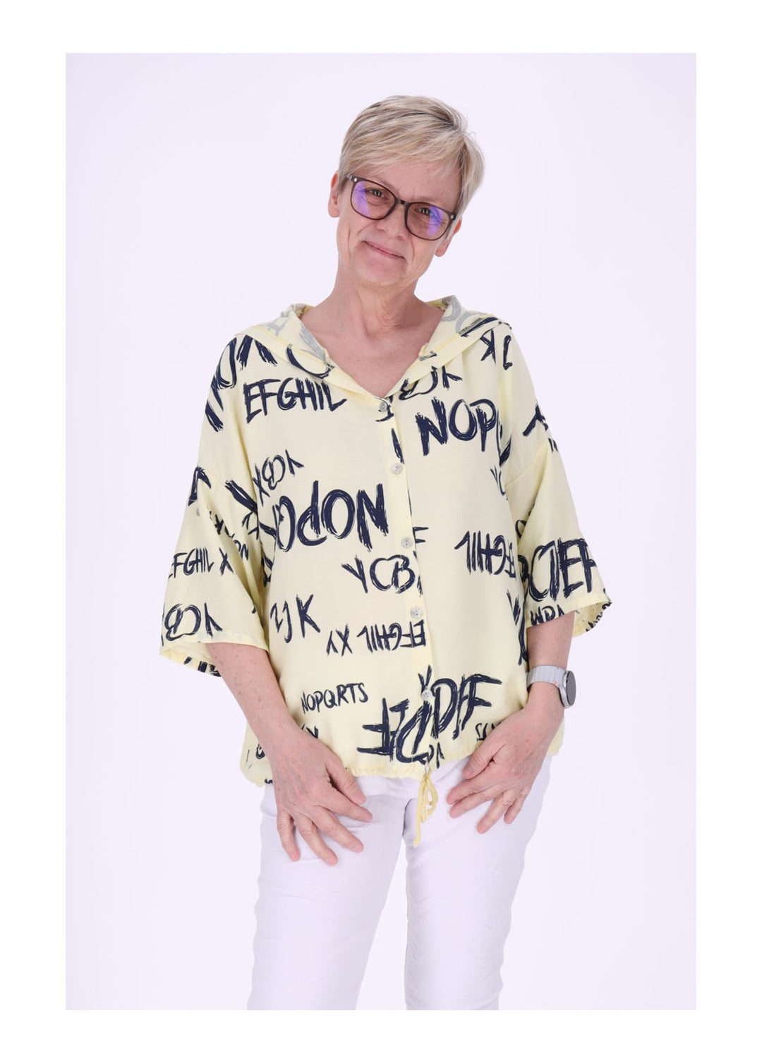 Bluse damen 1/2 Arm Kapuze AOP Schrift
