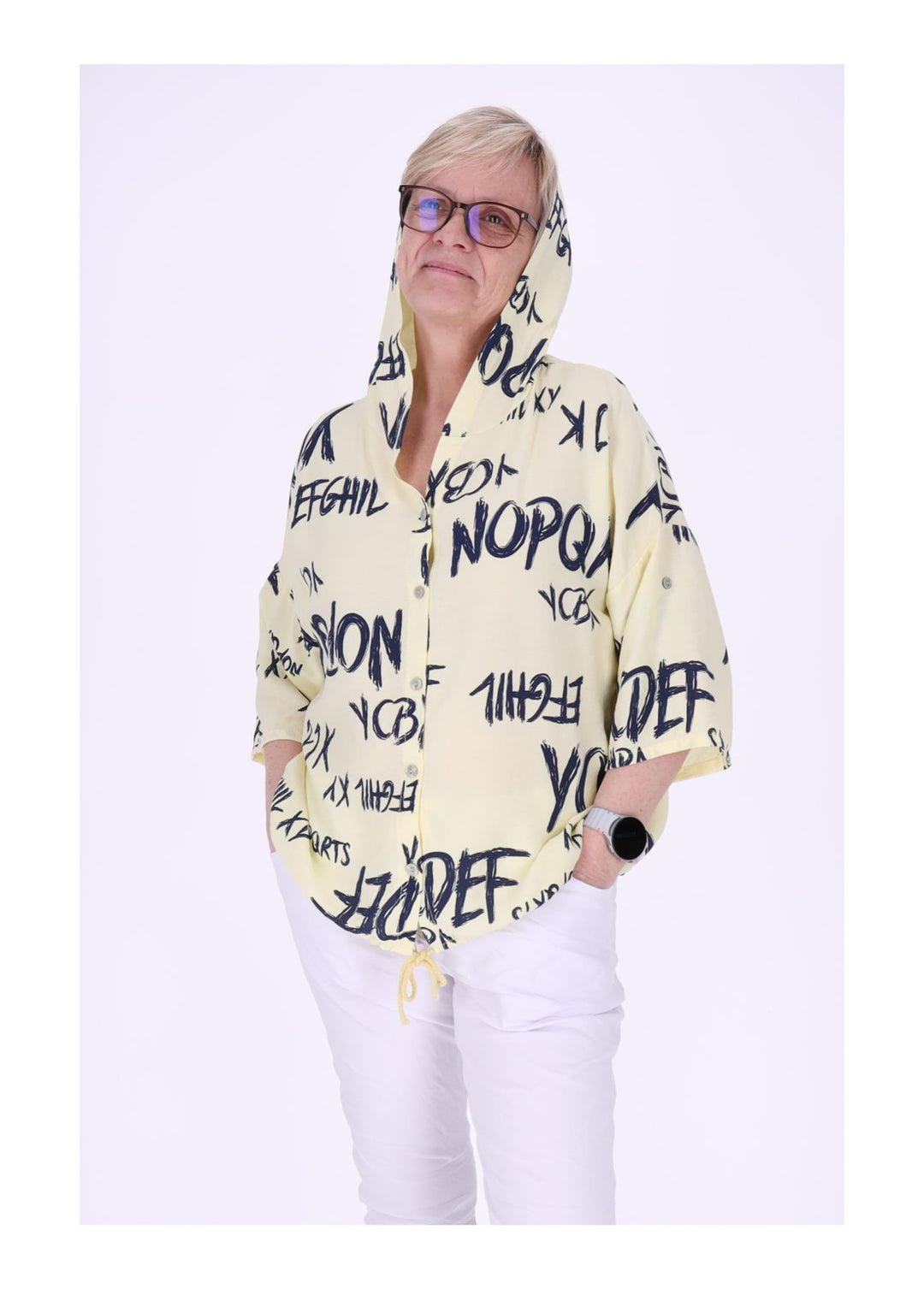 Bluse damen 1/2 Arm Kapuze AOP Schrift