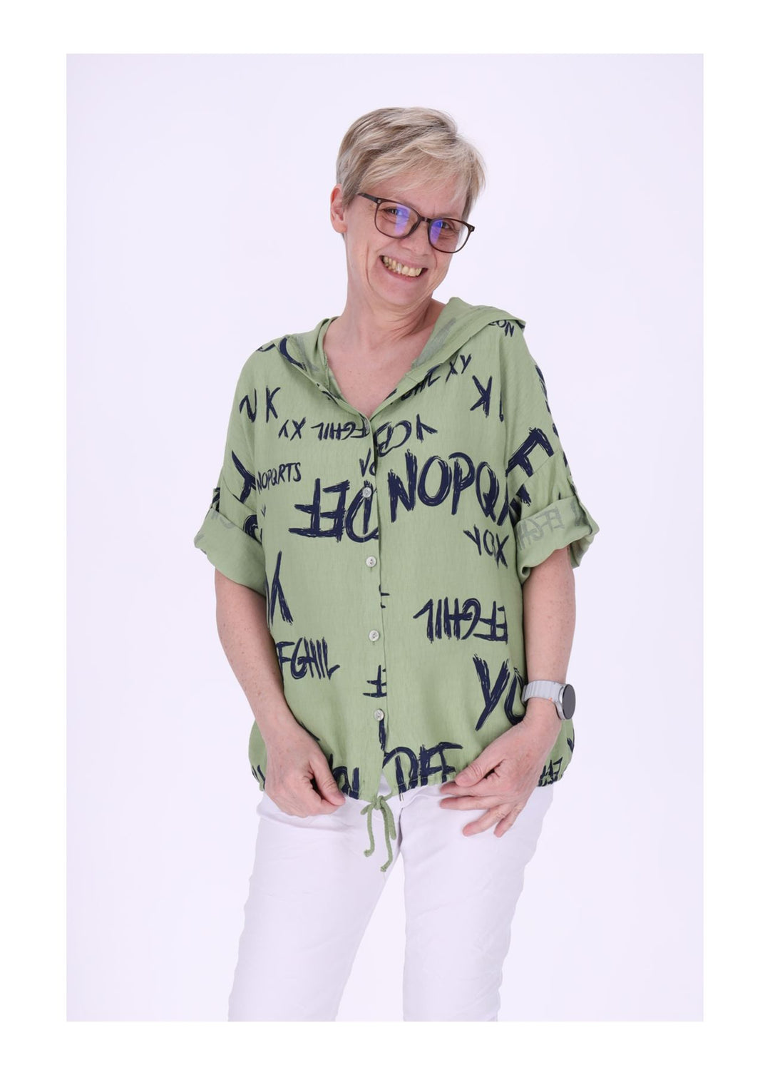Bluse damen 1/2 Arm Kapuze AOP Schrift