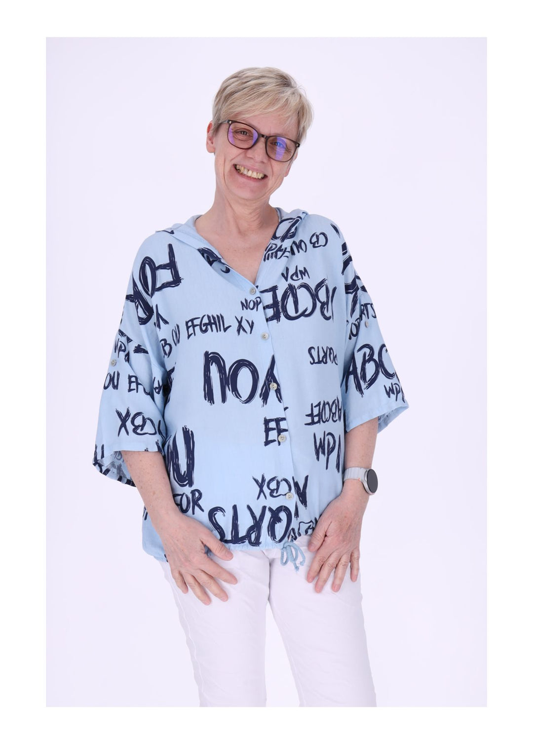 Bluse damen 1/2 Arm Kapuze AOP Schrift