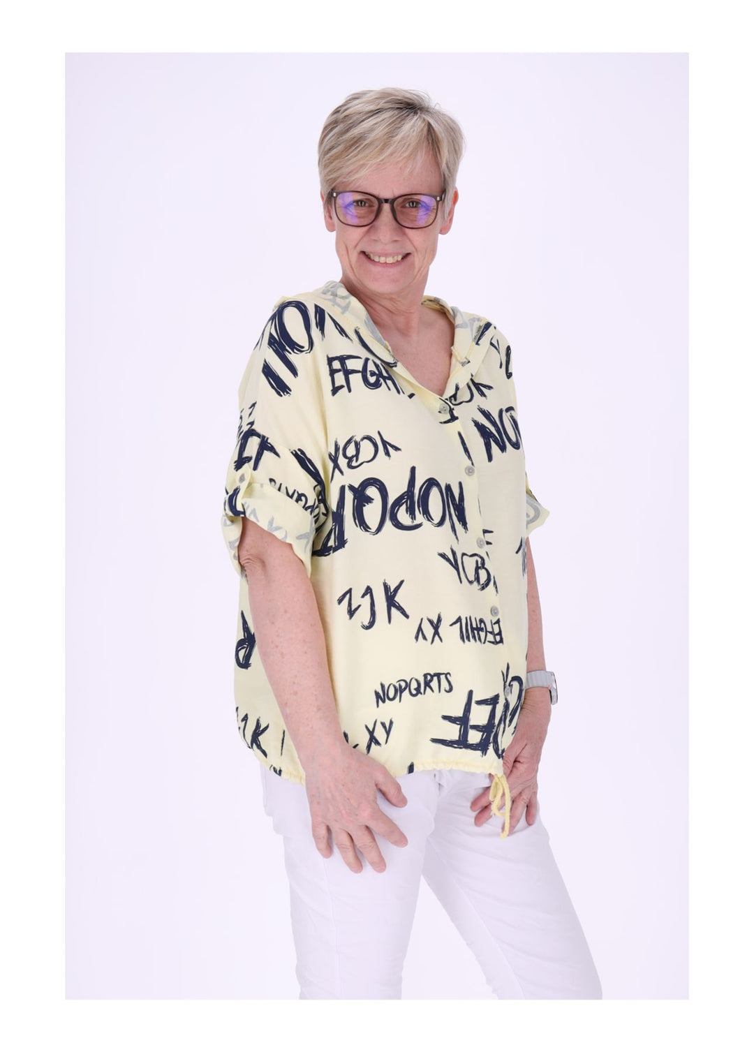 Bluse damen 1/2 Arm Kapuze AOP Schrift