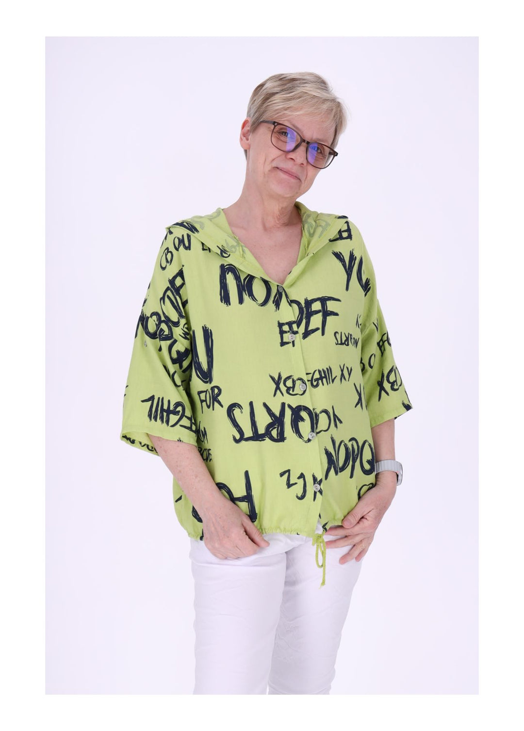 Bluse damen 1/2 Arm Kapuze AOP Schrift