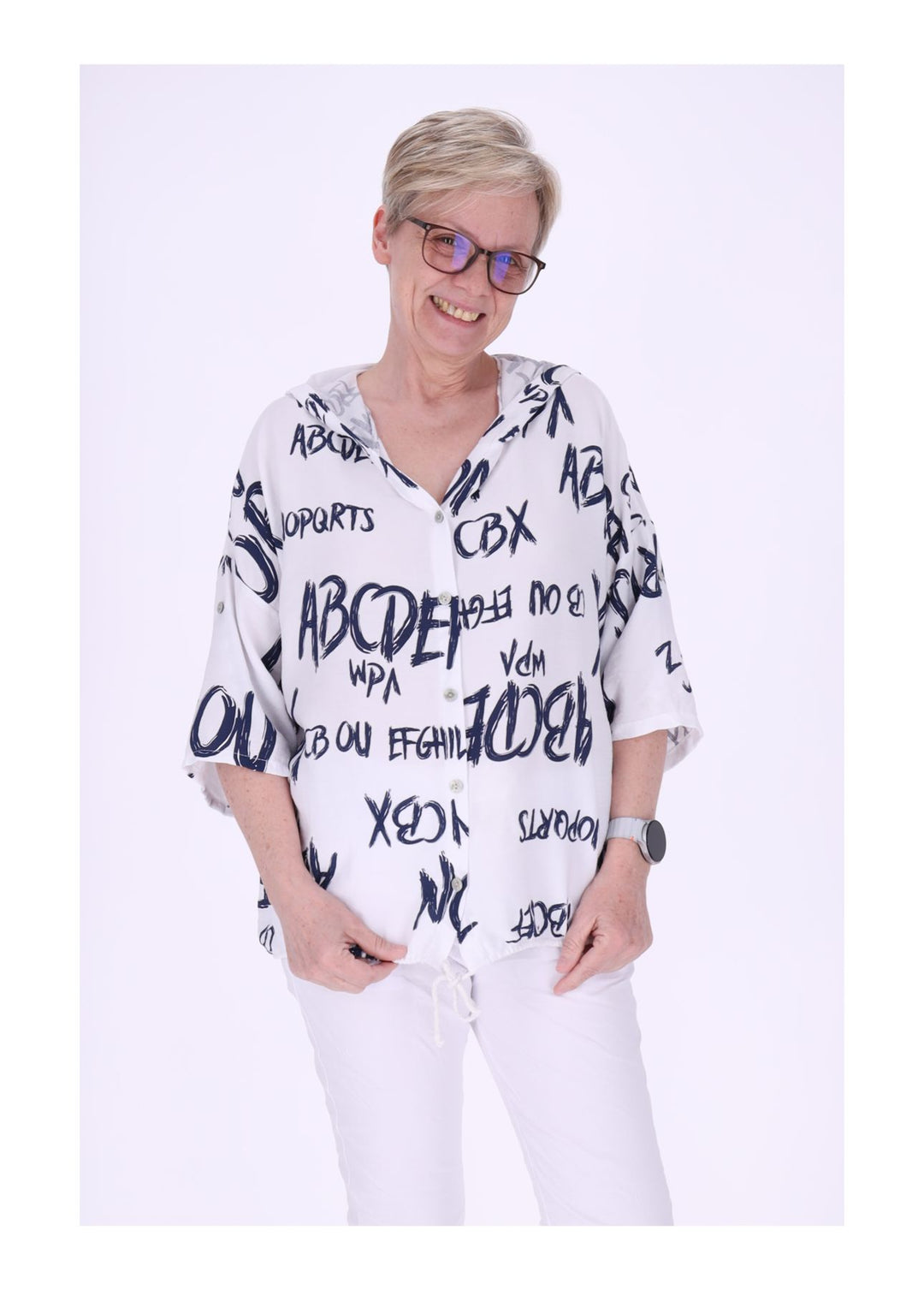 Bluse damen 1/2 Arm Kapuze AOP Schrift