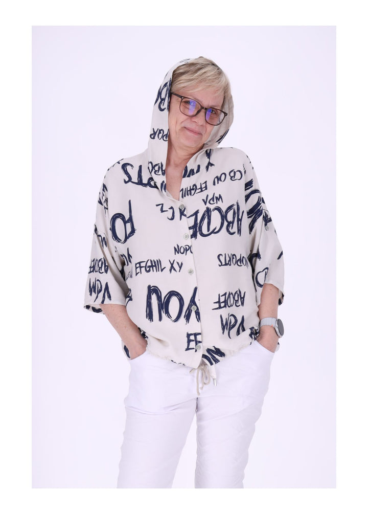 Bluse damen 1/2 Arm Kapuze AOP Schrift