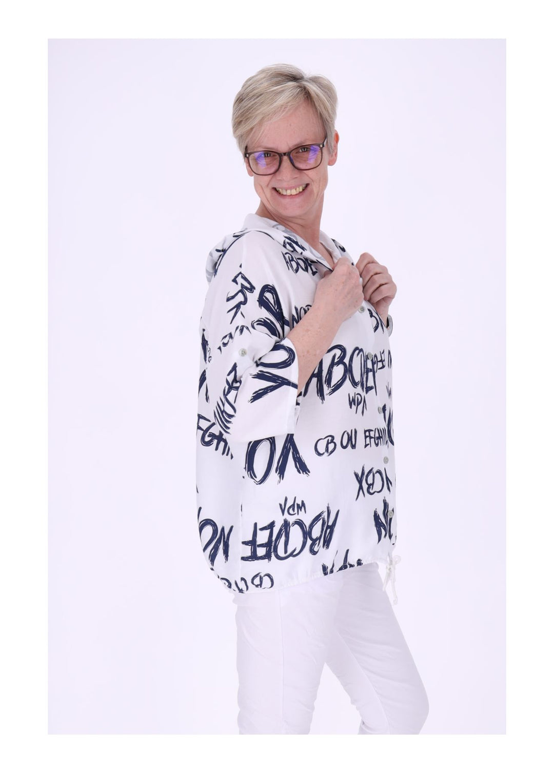 Bluse damen 1/2 Arm Kapuze AOP Schrift