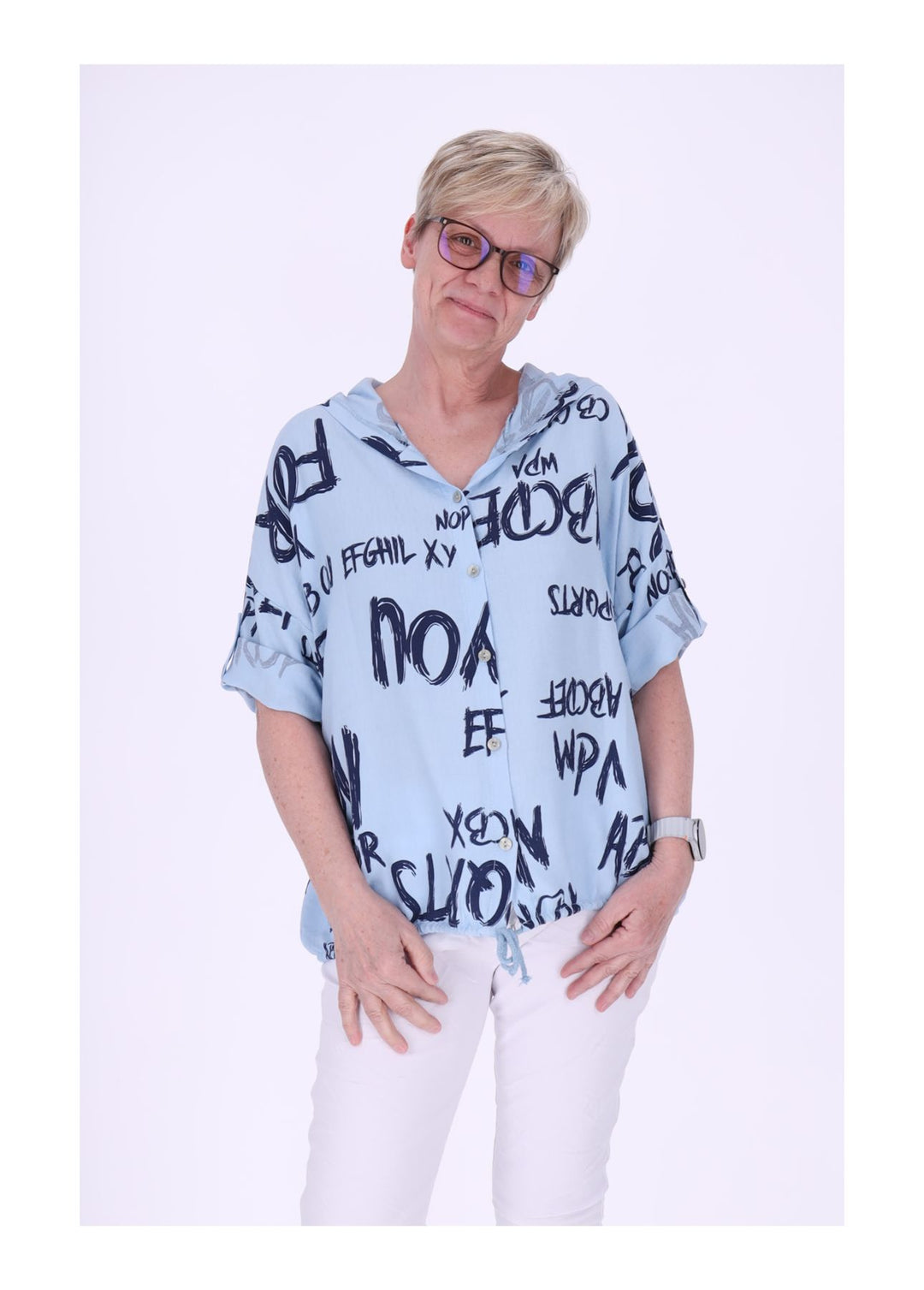 Bluse damen 1/2 Arm Kapuze AOP Schrift