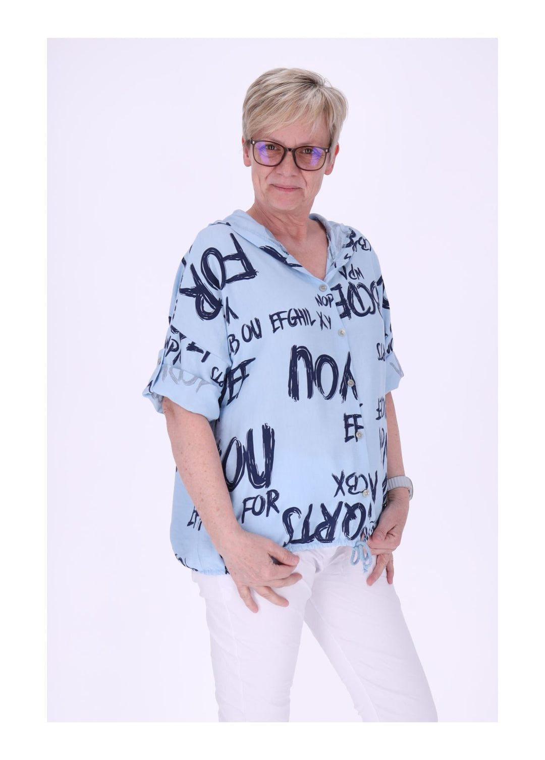 Bluse damen 1/2 Arm Kapuze AOP Schrift