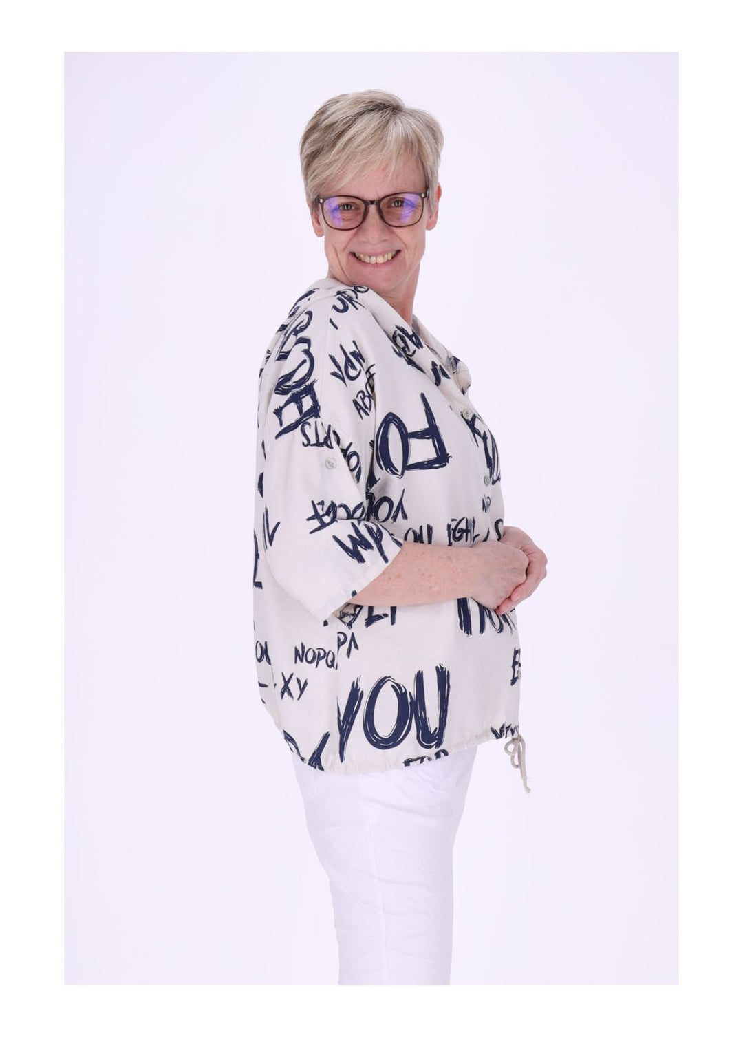 Bluse damen 1/2 Arm Kapuze AOP Schrift