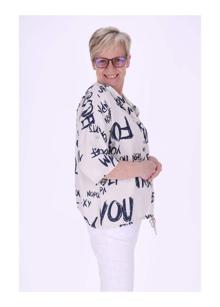 Bluse damen 1/2 Arm Kapuze AOP Schrift
