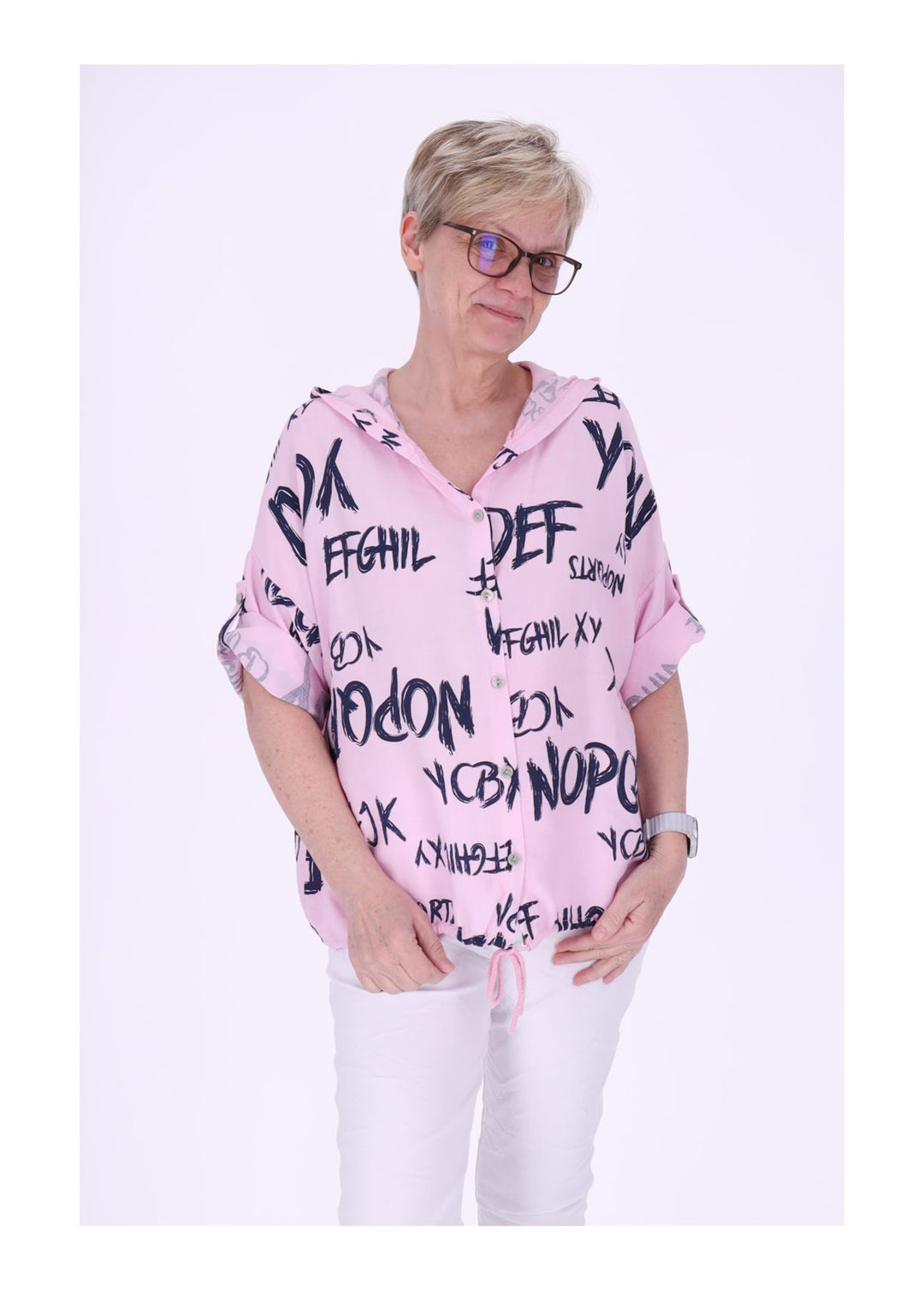 Bluse damen 1/2 Arm Kapuze AOP Schrift