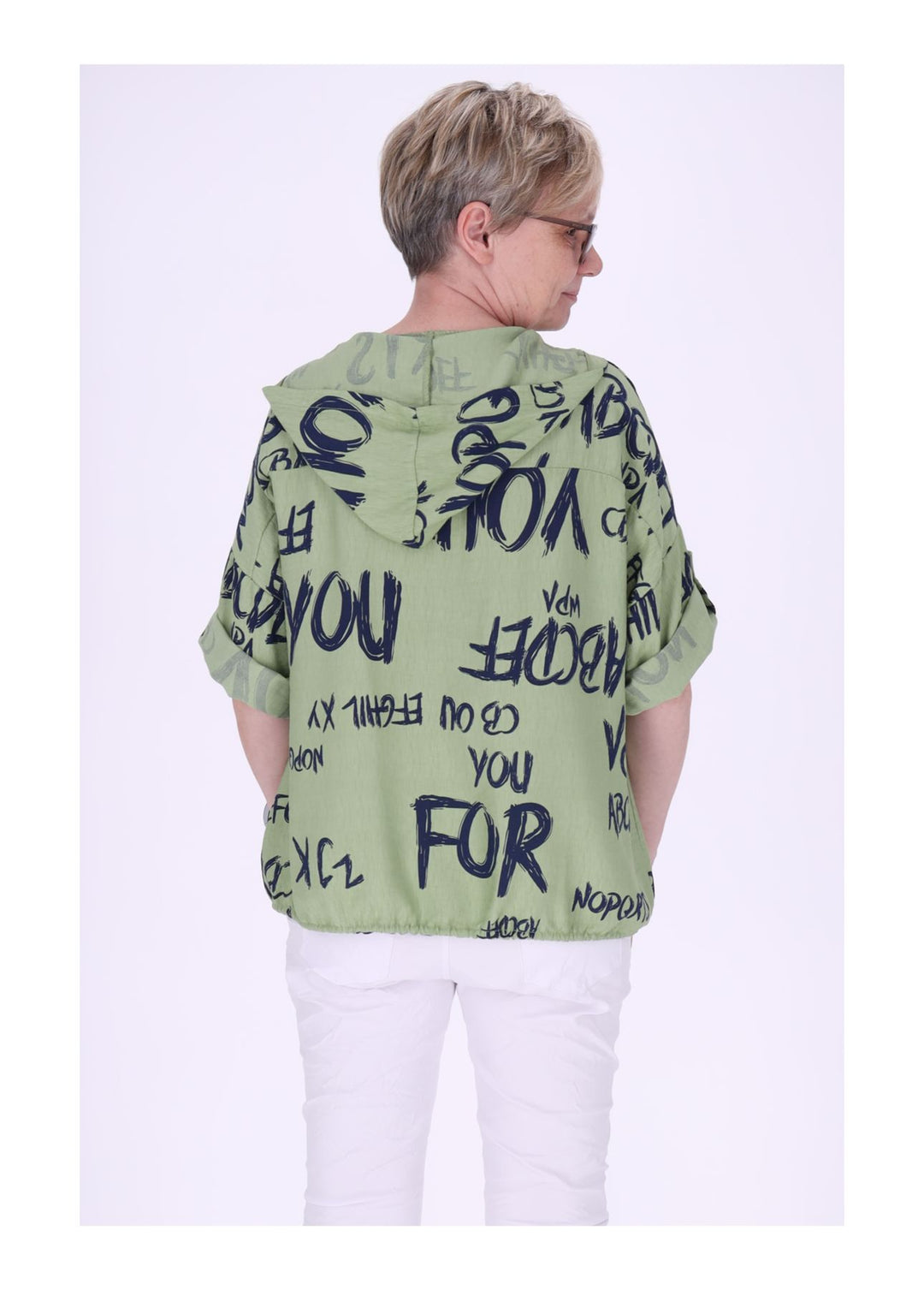 Bluse damen 1/2 Arm Kapuze AOP Schrift