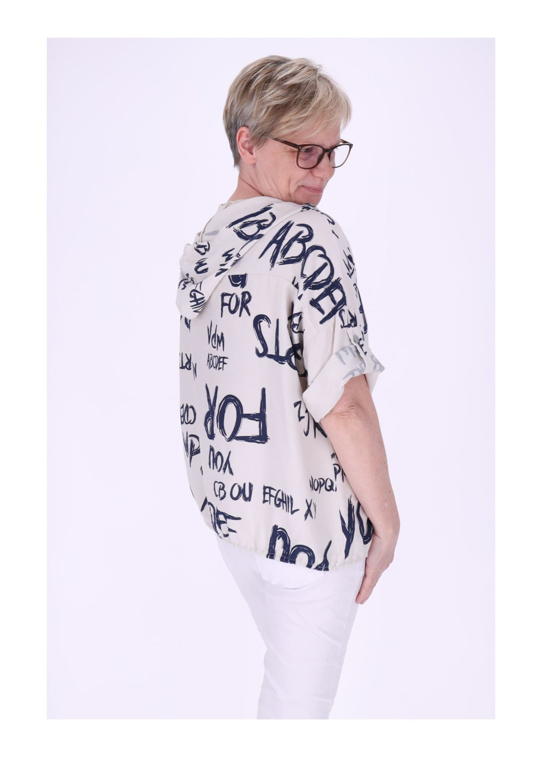 Bluse damen 1/2 Arm Kapuze AOP Schrift