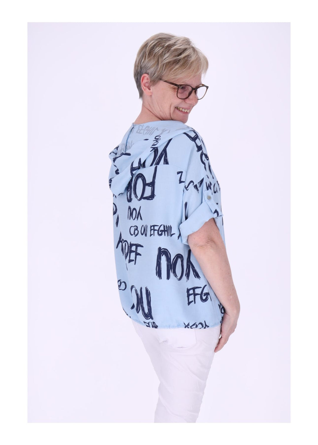 Bluse damen 1/2 Arm Kapuze AOP Schrift