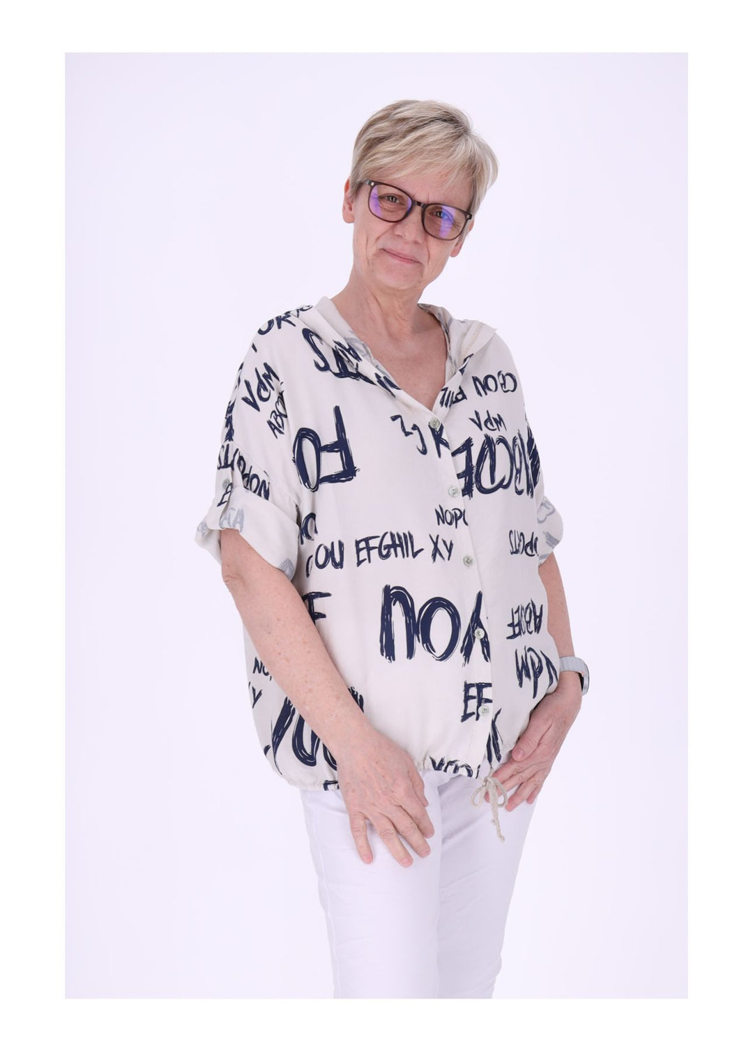 Bluse damen 1/2 Arm Kapuze AOP Schrift