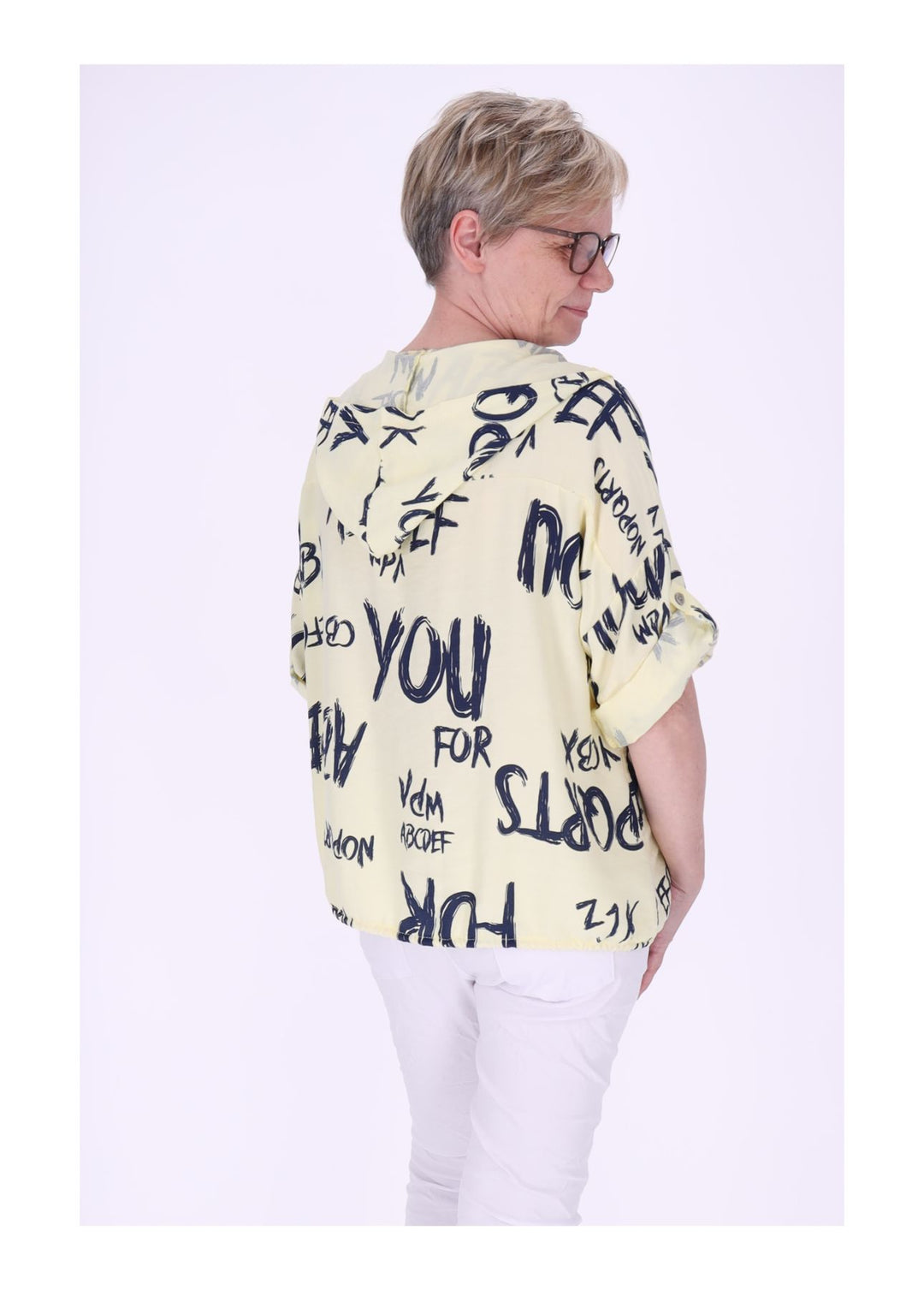 Bluse damen 1/2 Arm Kapuze AOP Schrift
