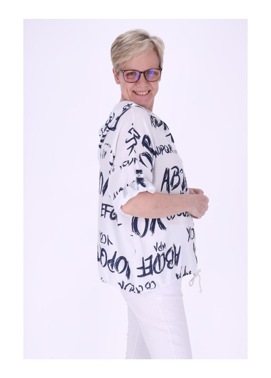 Bluse damen 1/2 Arm Kapuze AOP Schrift