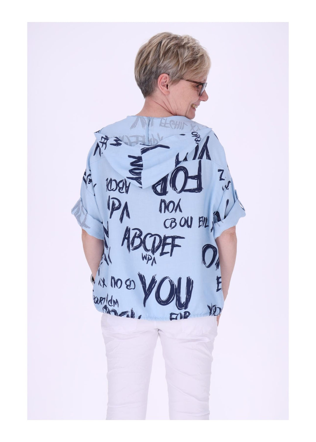 Bluse damen 1/2 Arm Kapuze AOP Schrift