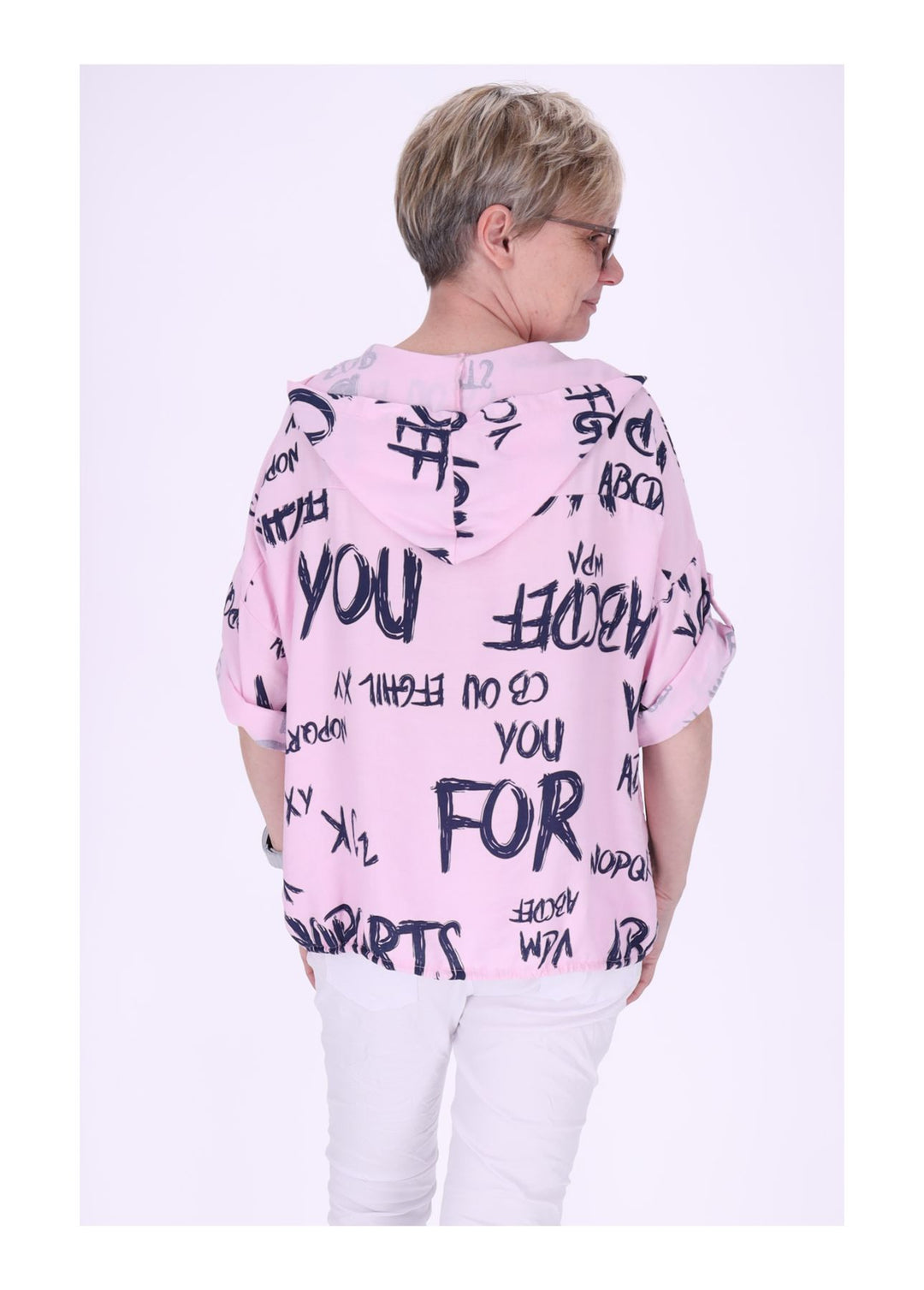 Bluse damen 1/2 Arm Kapuze AOP Schrift