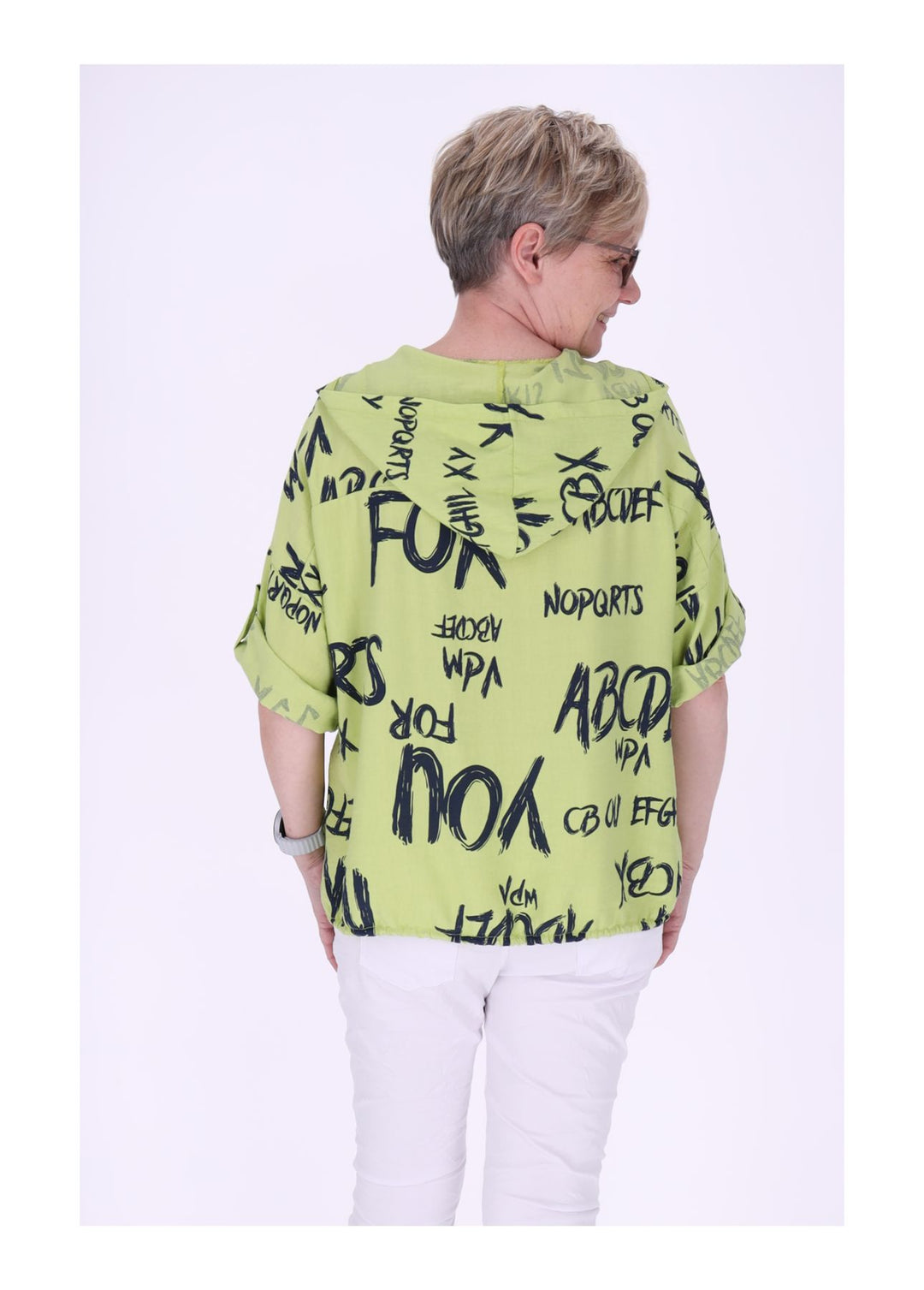 Bluse damen 1/2 Arm Kapuze AOP Schrift