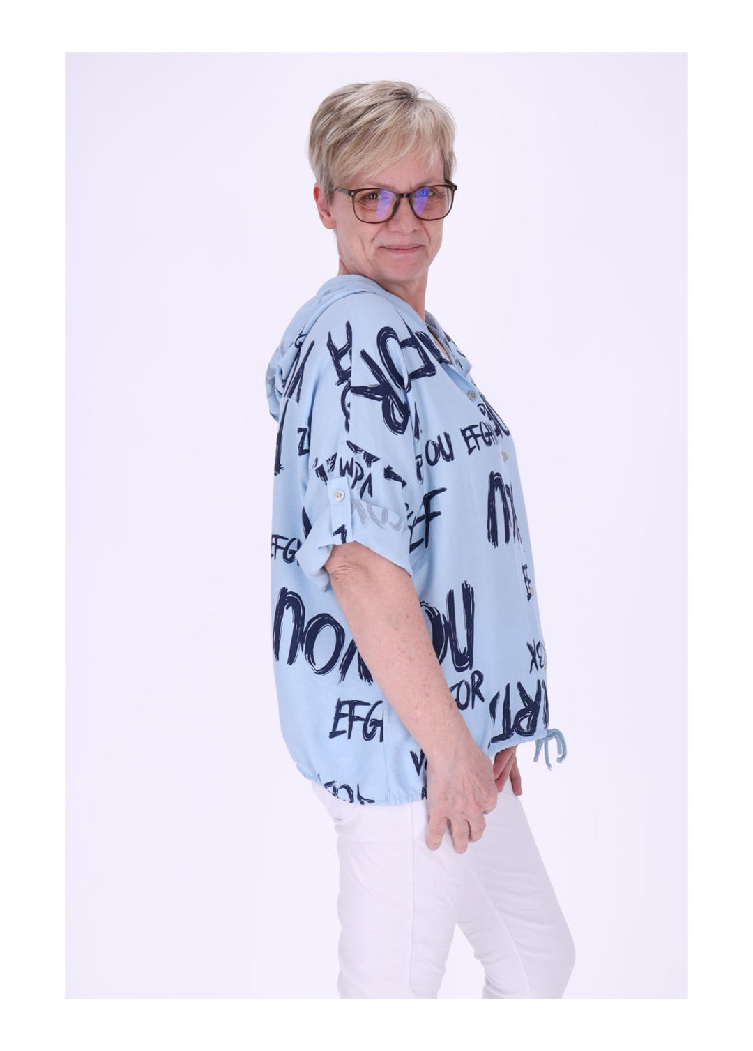 Bluse damen 1/2 Arm Kapuze AOP Schrift