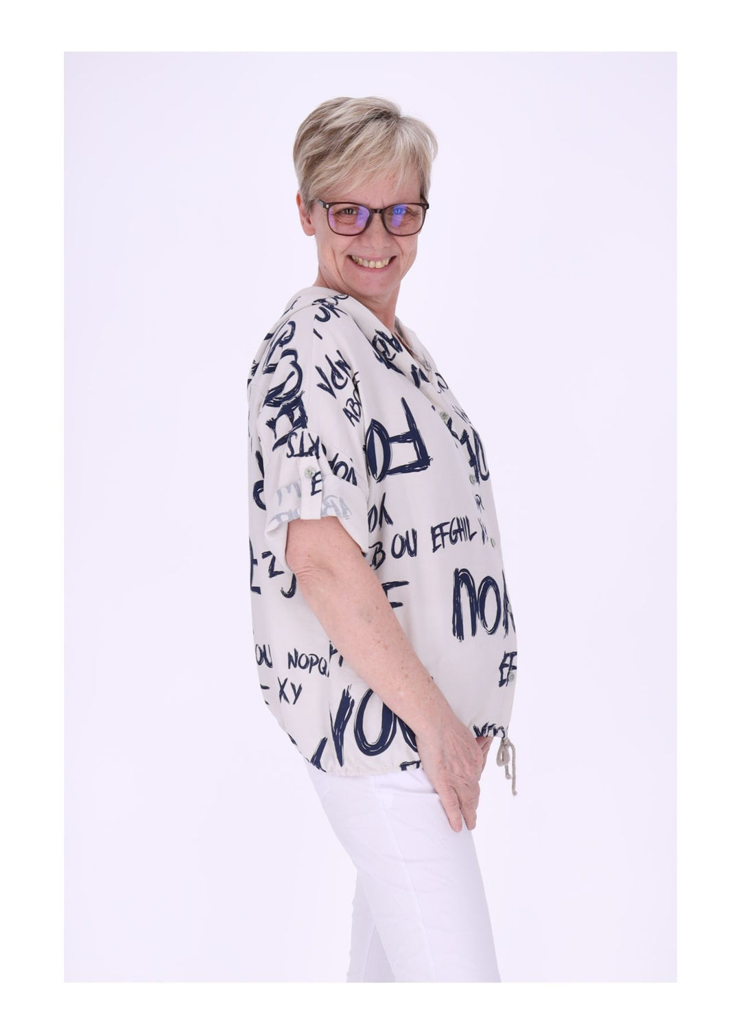Bluse damen 1/2 Arm Kapuze AOP Schrift