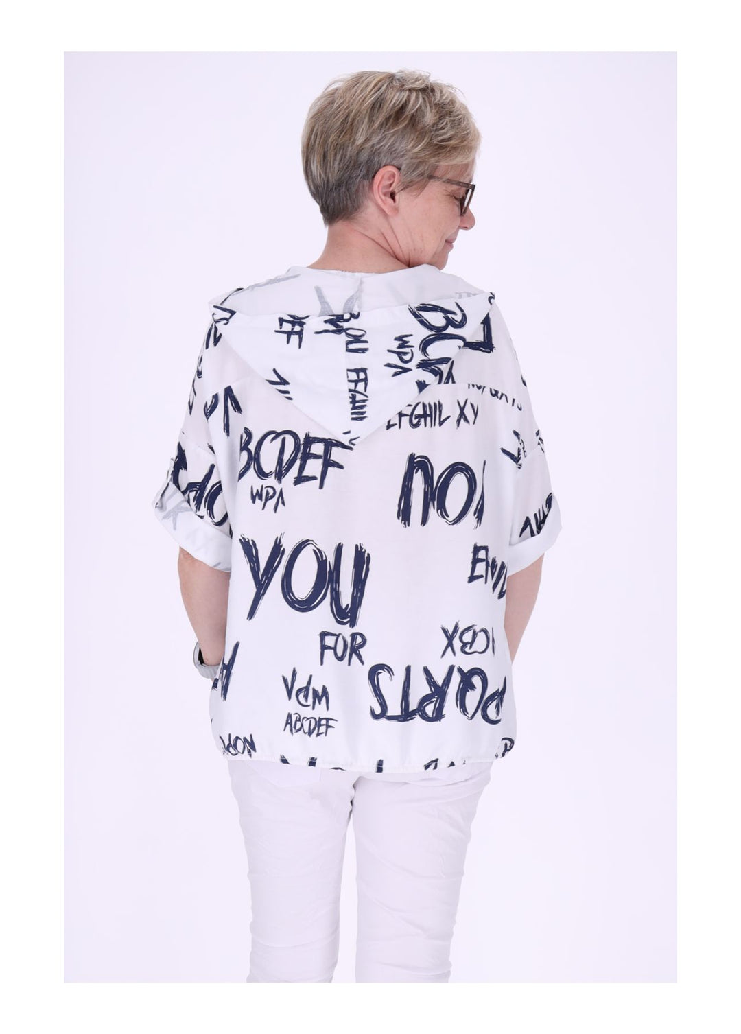 Bluse damen 1/2 Arm Kapuze AOP Schrift